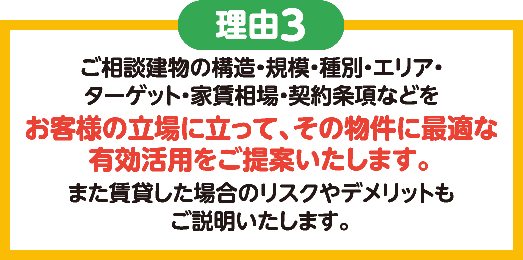 理由3　ご相談建物の構造・規模・種別・エリア・ターゲット・家賃相場・契約条項などをお客様の立場に立って、その物件に最適な有効活用をご提案いたします。また賃貸した場合のリスクやデメリットもご説明いたします。