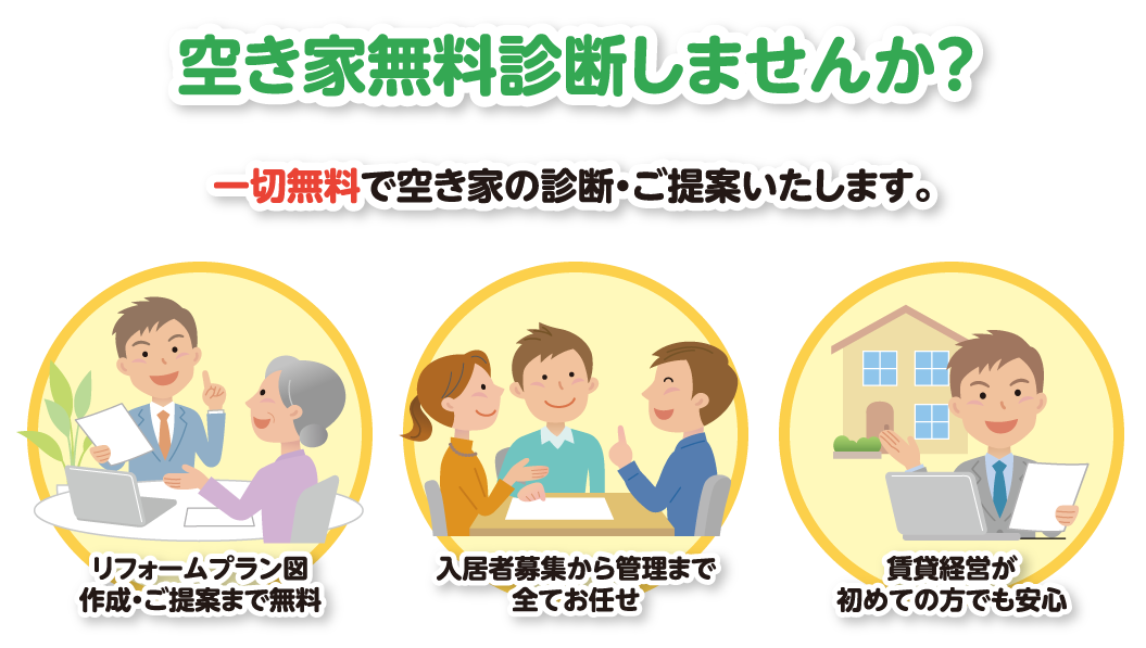 空き家無料診断しませんか？　一切無料で空き家の診断・ご提案いたします。　リフォームプラン図作成・ご提案まで無料　入居者募集から管理まで全てお任せ　賃貸経営が初めての方でも安心